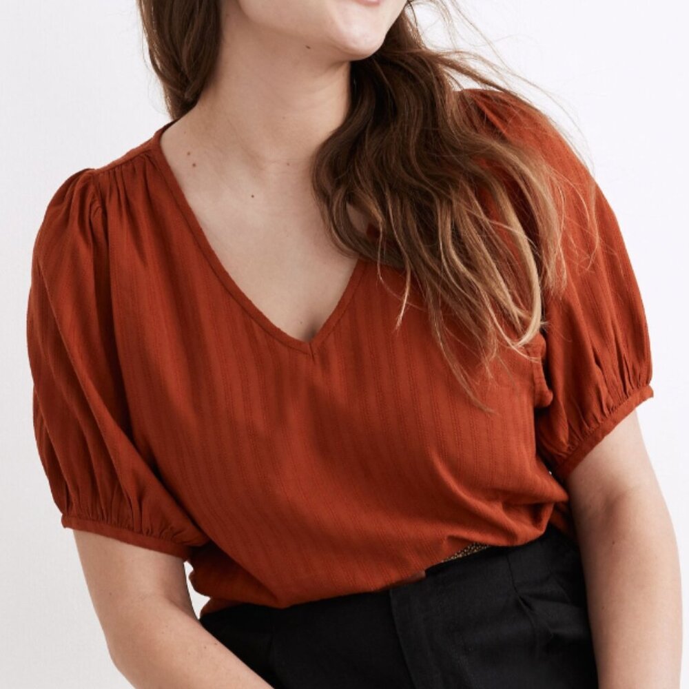 NWT Madewell V-Neck Puff-Sleeve Top in Textured Stripe